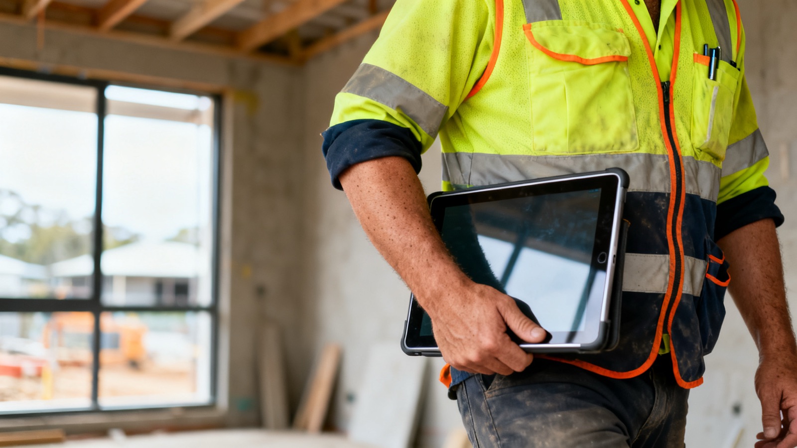An Australian tradie in high-vis gear reviewing a tablet on a residential job site with a plain white ute behind them