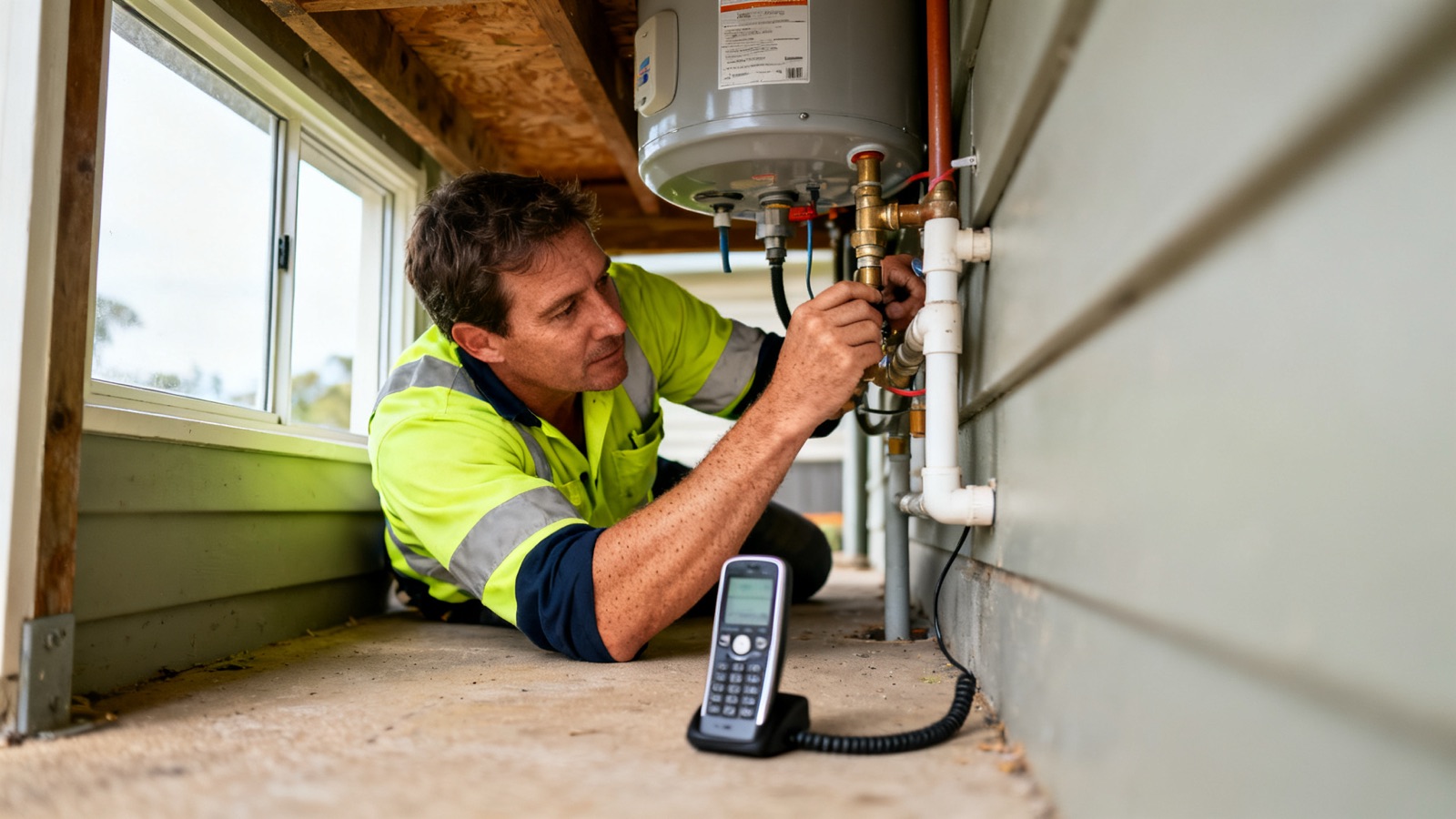 A tradesperson working under a house with their phone ringing unanswered nearby