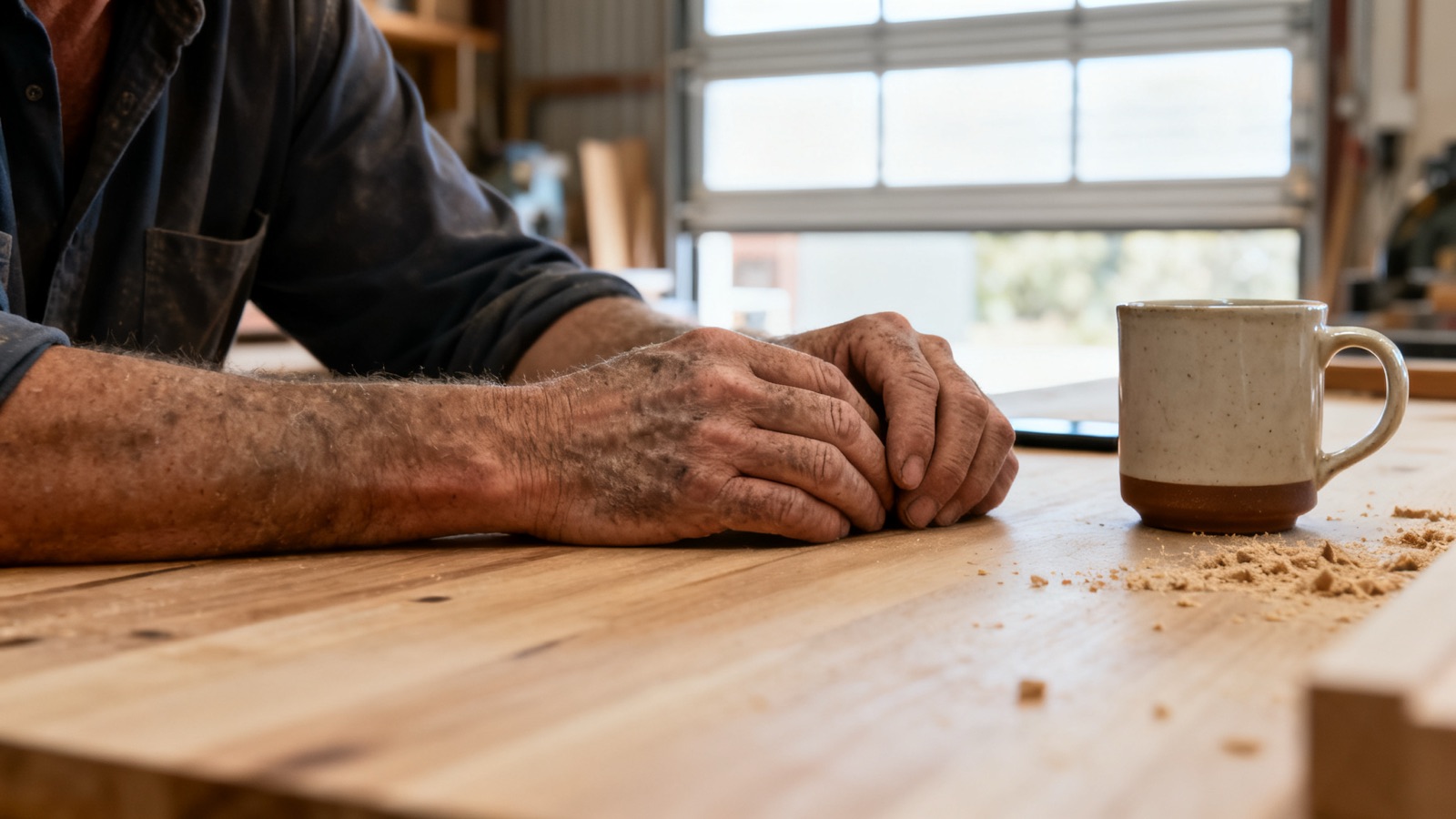 A tradesperson's weathered hands resting on a timber workbench beside a coffee mug in an Australian workshop