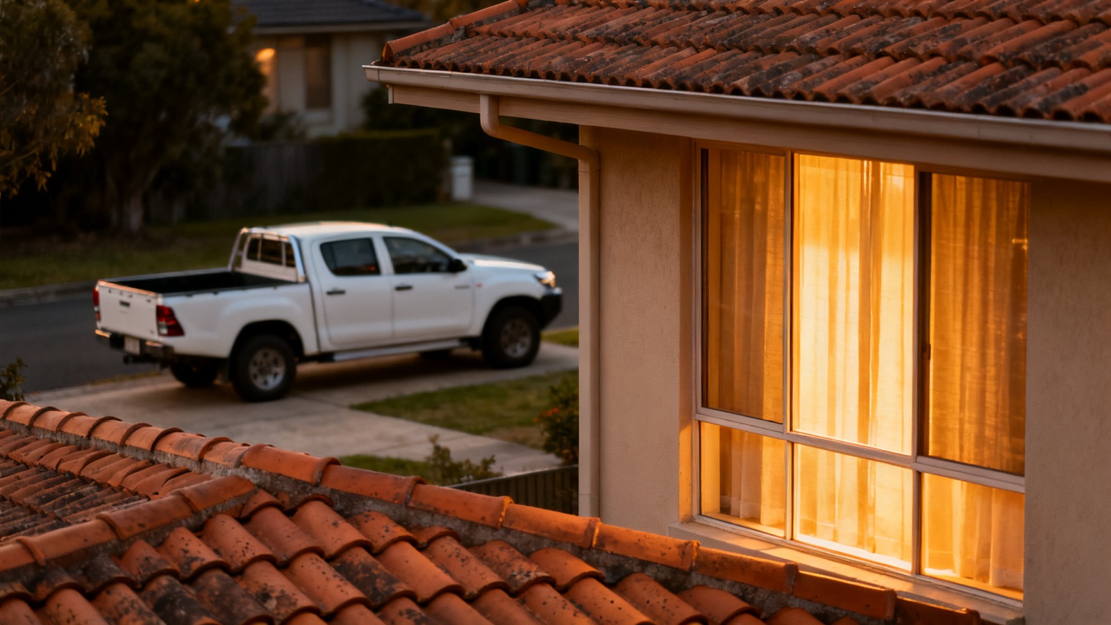An Australian residential street at dusk with warm light coming from house windows and a tradesperson's plain unmarked ute parked in the driveway