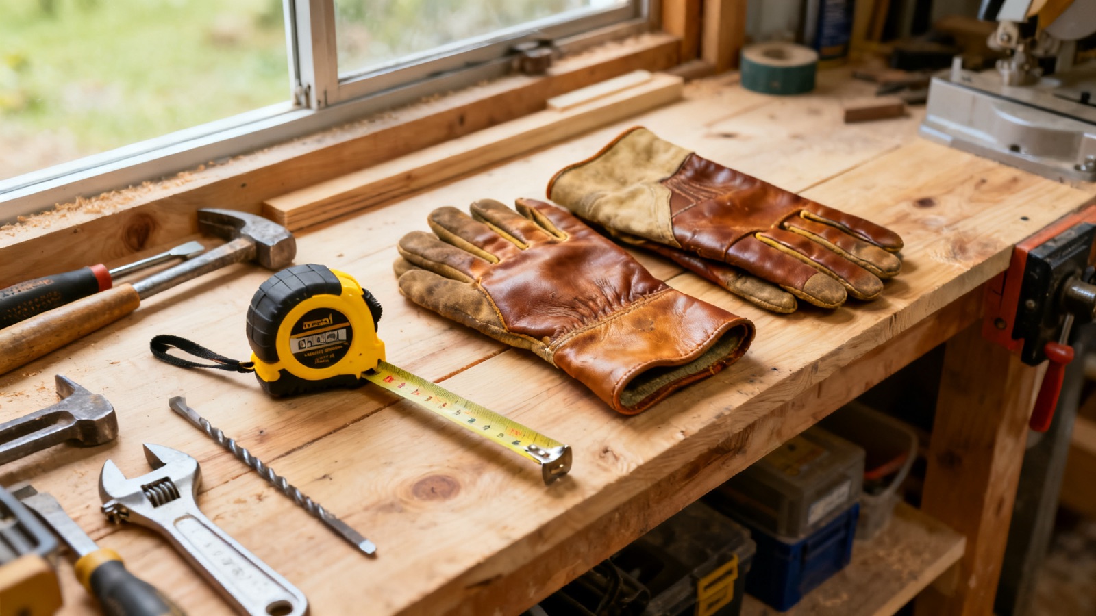 An overhead view of an organised Australian workshop bench with clean tools, a tape measure, and work gloves laid out neatly