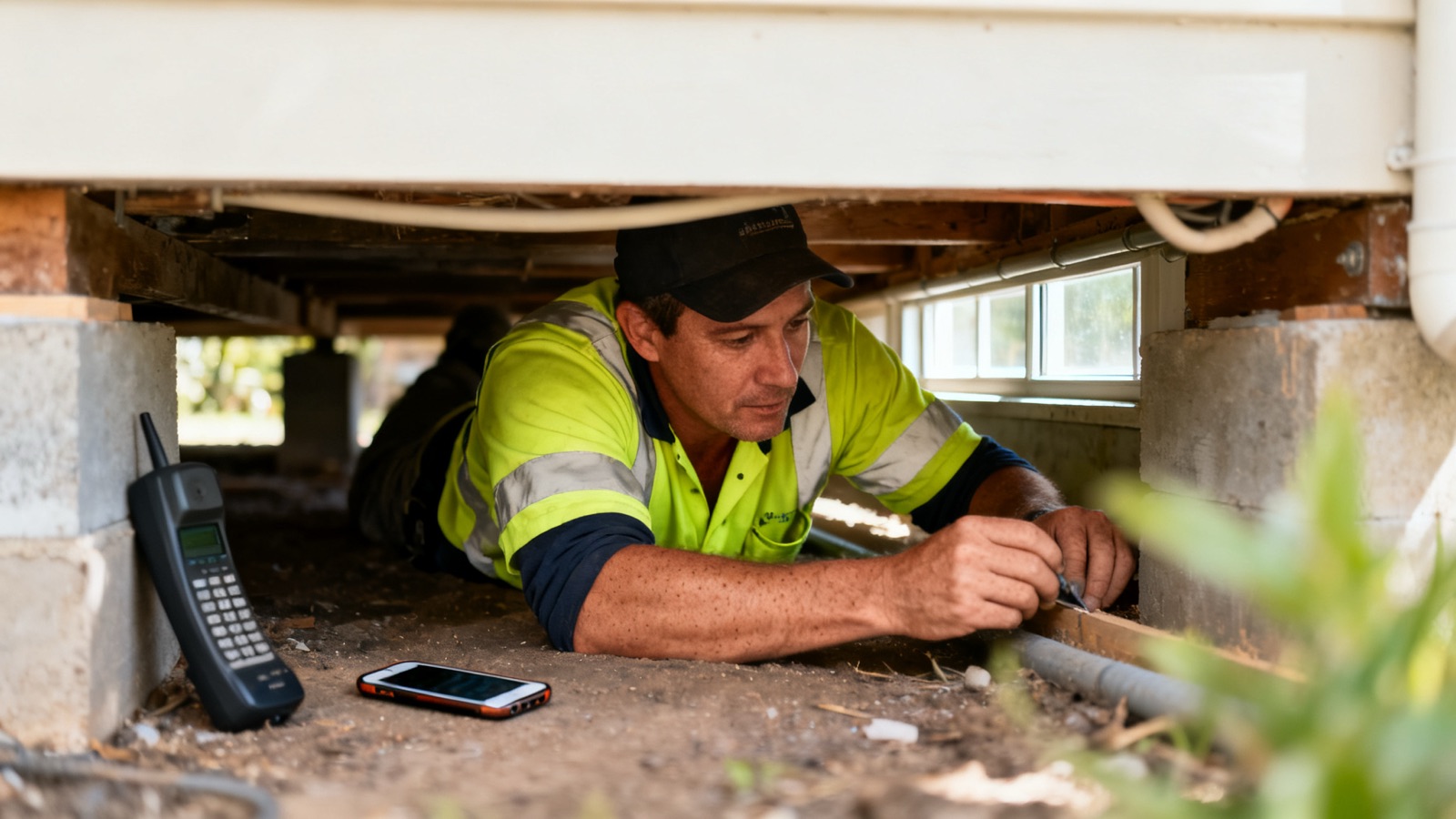 A tradesperson working under a house while a phone rings unanswered on the ground