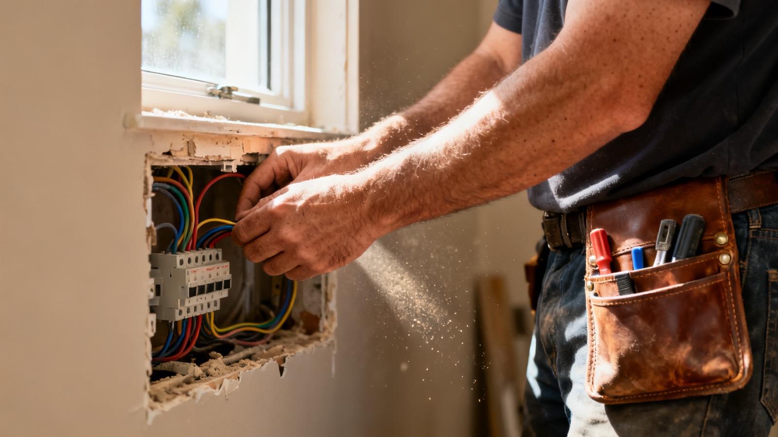 An Australian electrician's hands working inside an open wall cavity