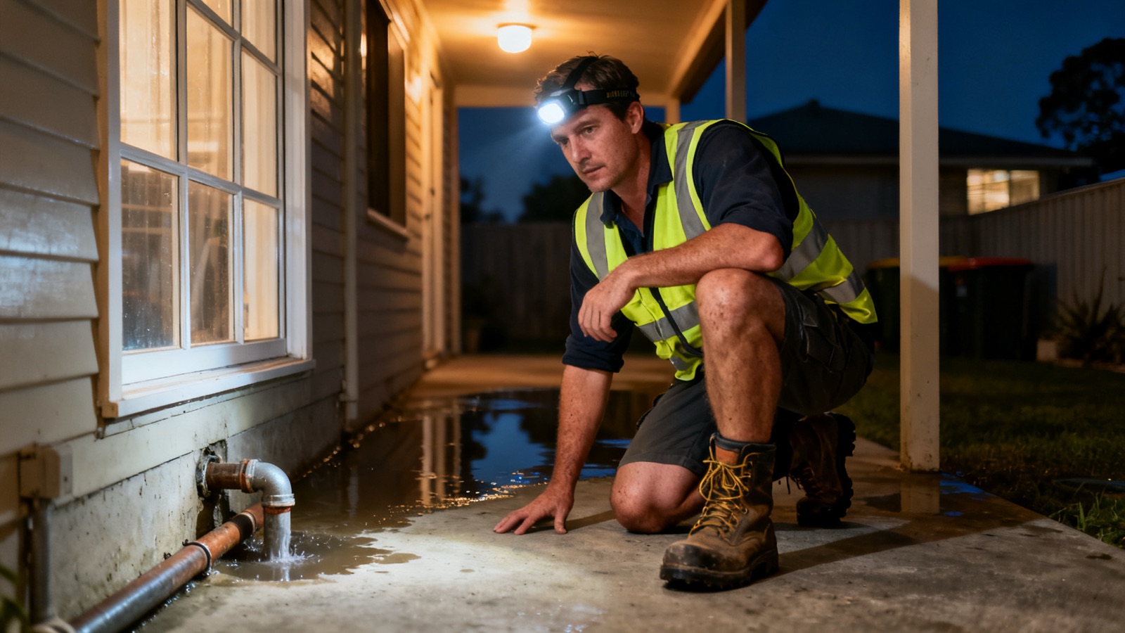 A tradesperson responding to an urgent after-hours plumbing call at night