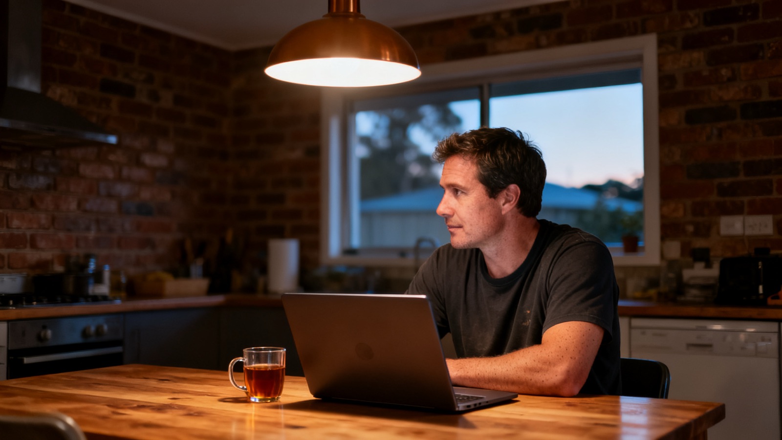 A tradesperson in a dark t-shirt at a kitchen table in the evening with a cup of tea and laptop