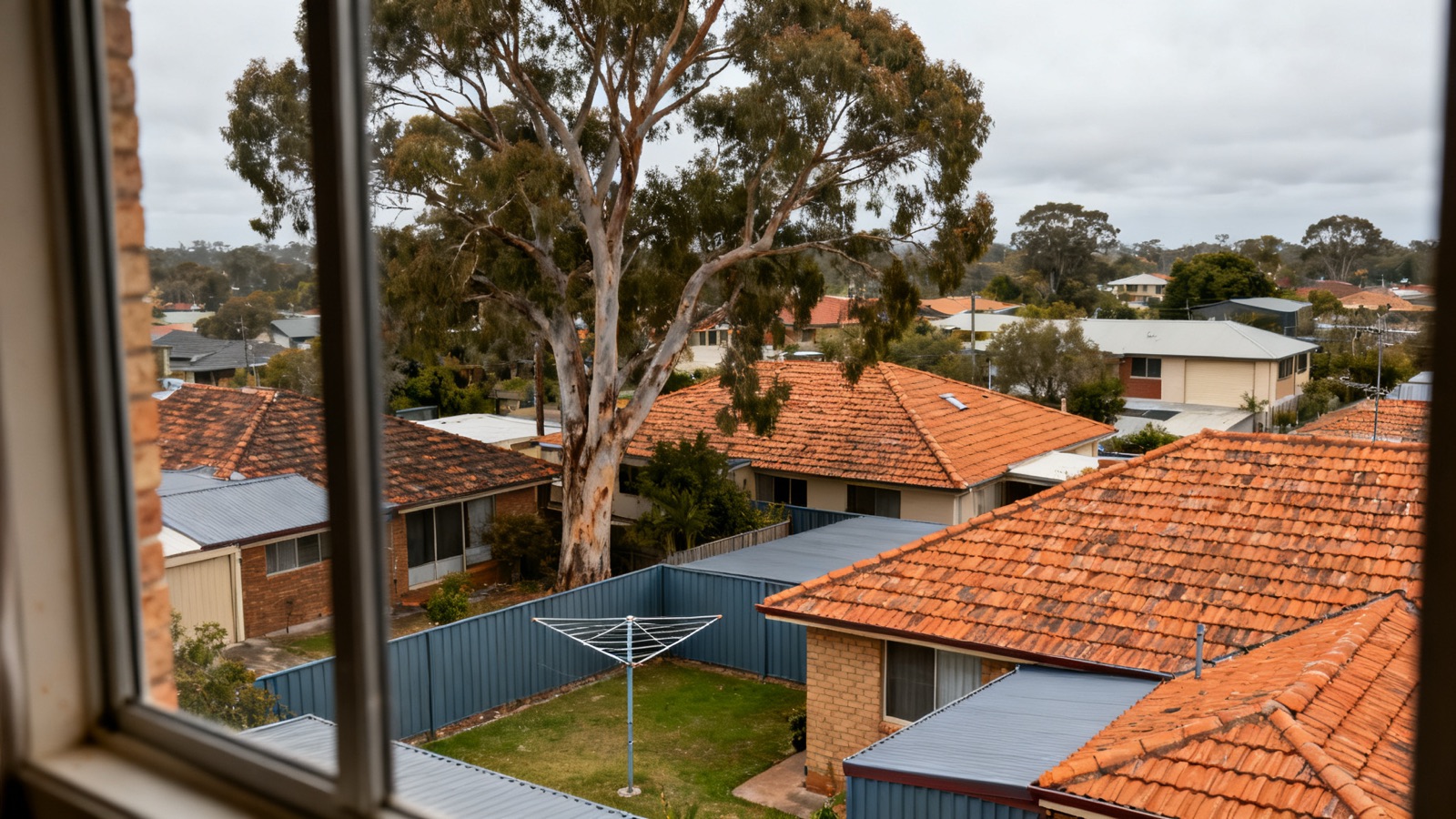 An Australian suburban neighbourhood showing terracotta tile and Colorbond steel rooftops