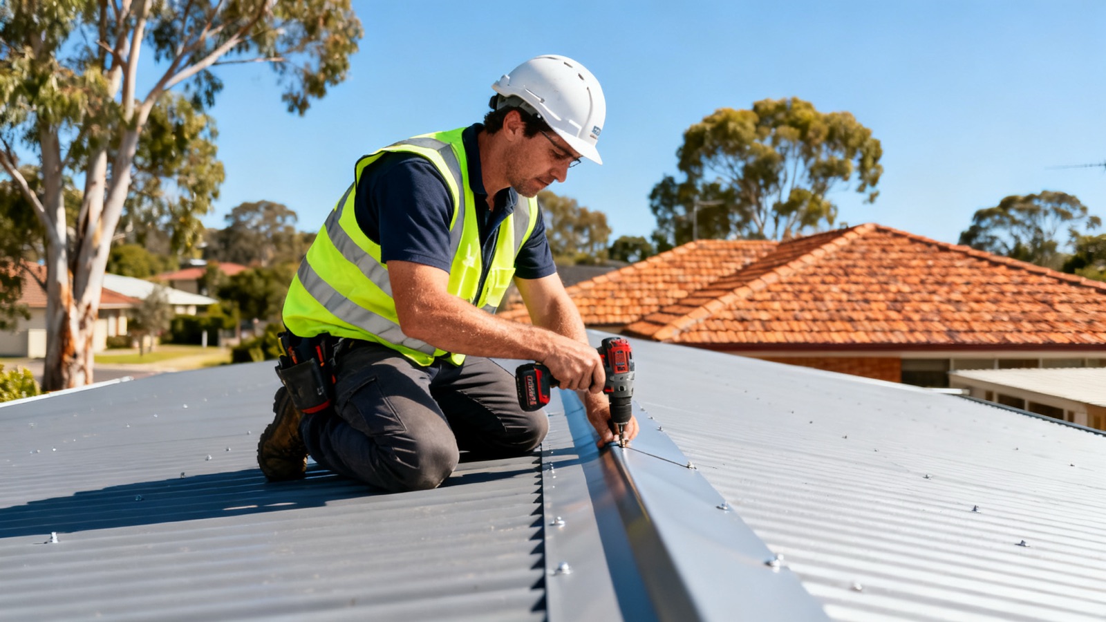 An Australian roofer fastening a Colorbond ridge cap on a suburban roof