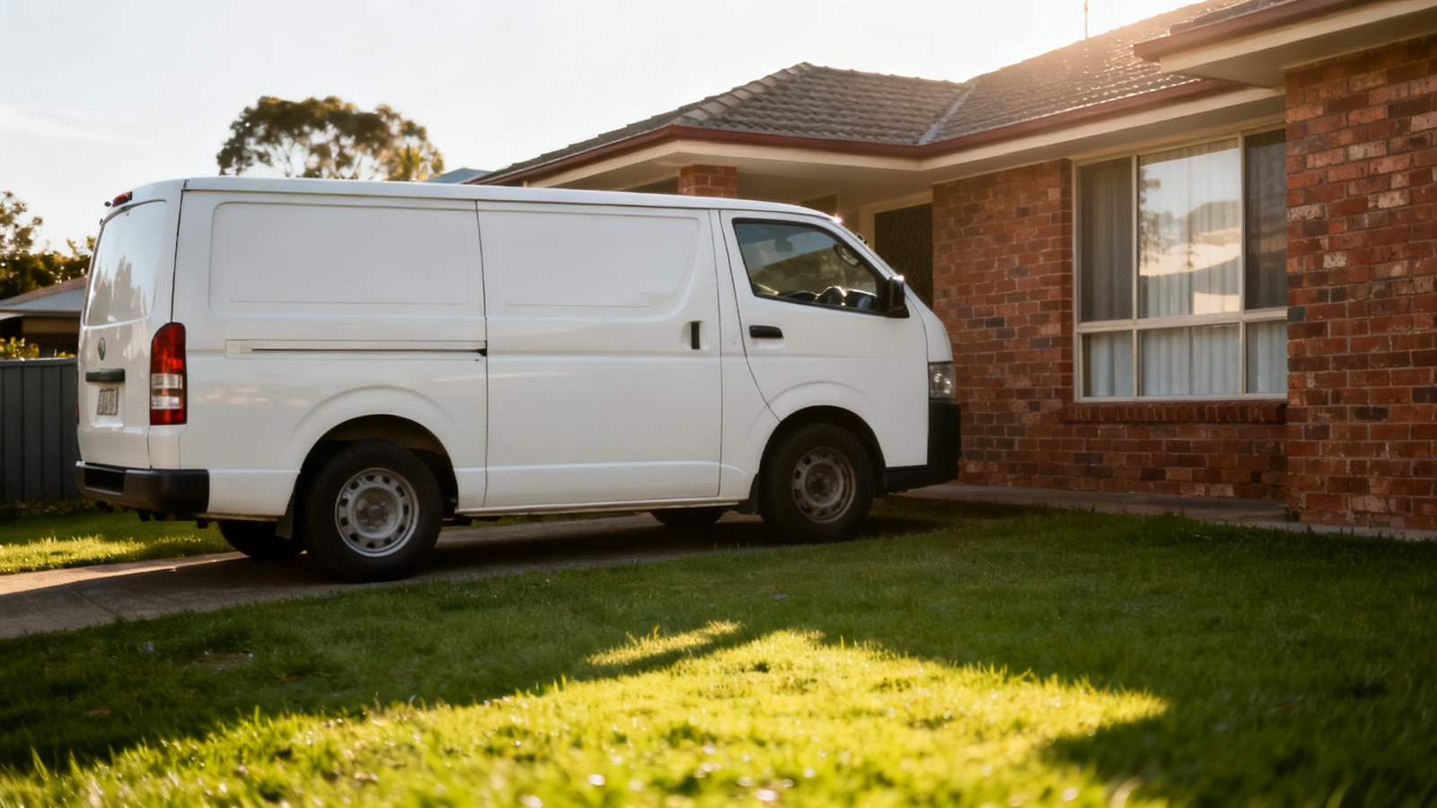A clean white work van parked outside a suburban Australian home