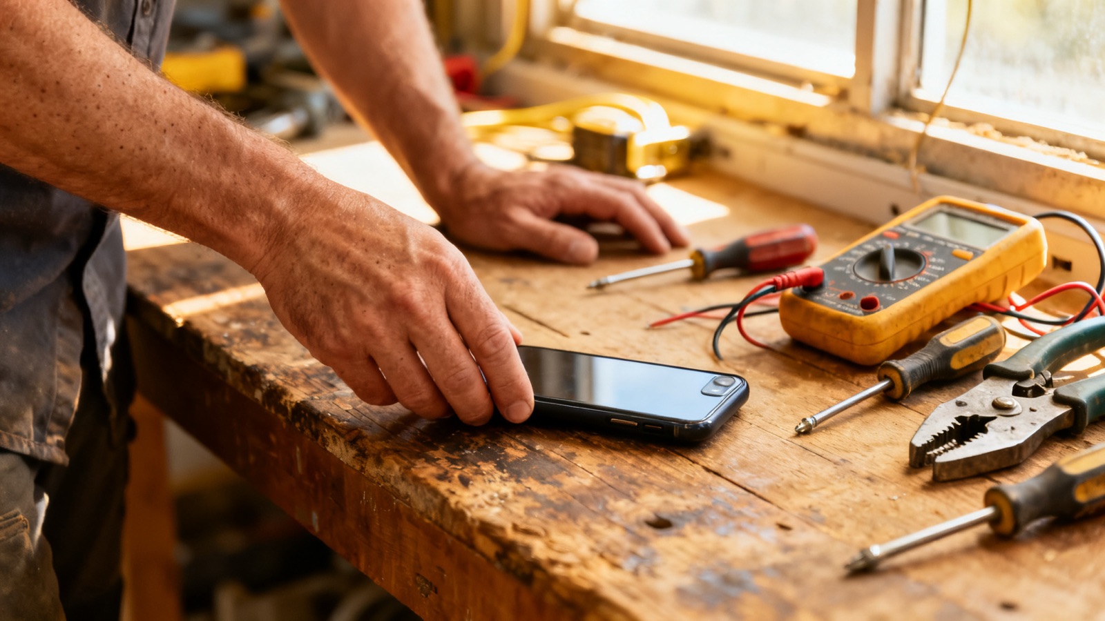 A tradesperson's hands beside a phone and electrical tools on a workbench