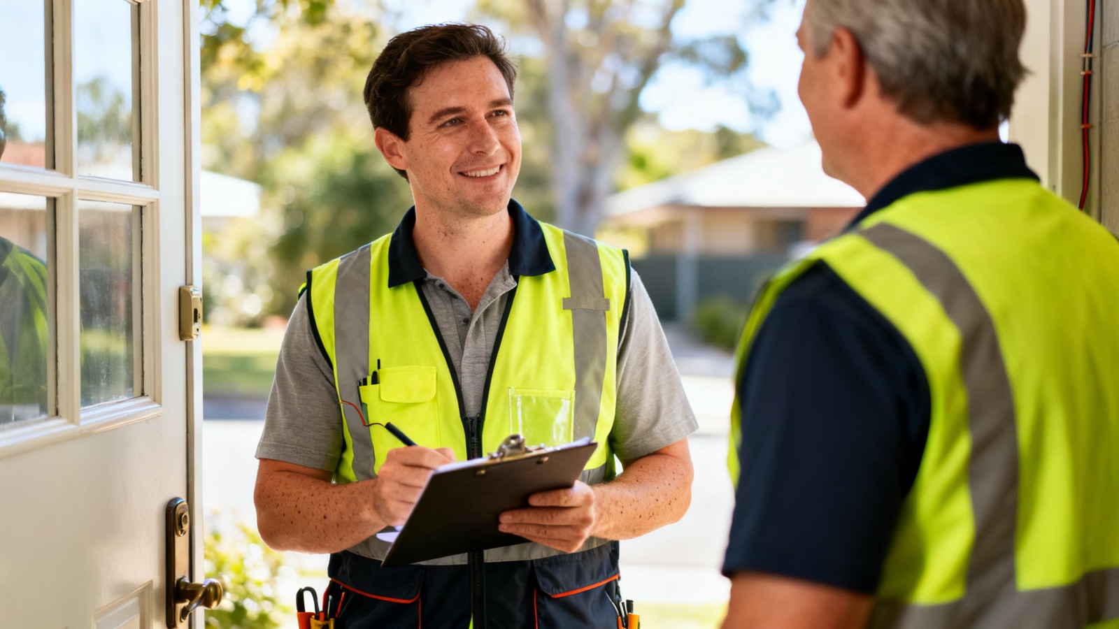 An electrician talking to a homeowner at the front door with a clipboard