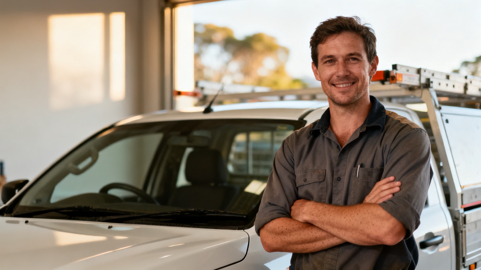 Australian electrician in hi-vis reviewing job paperwork beside a branded work van