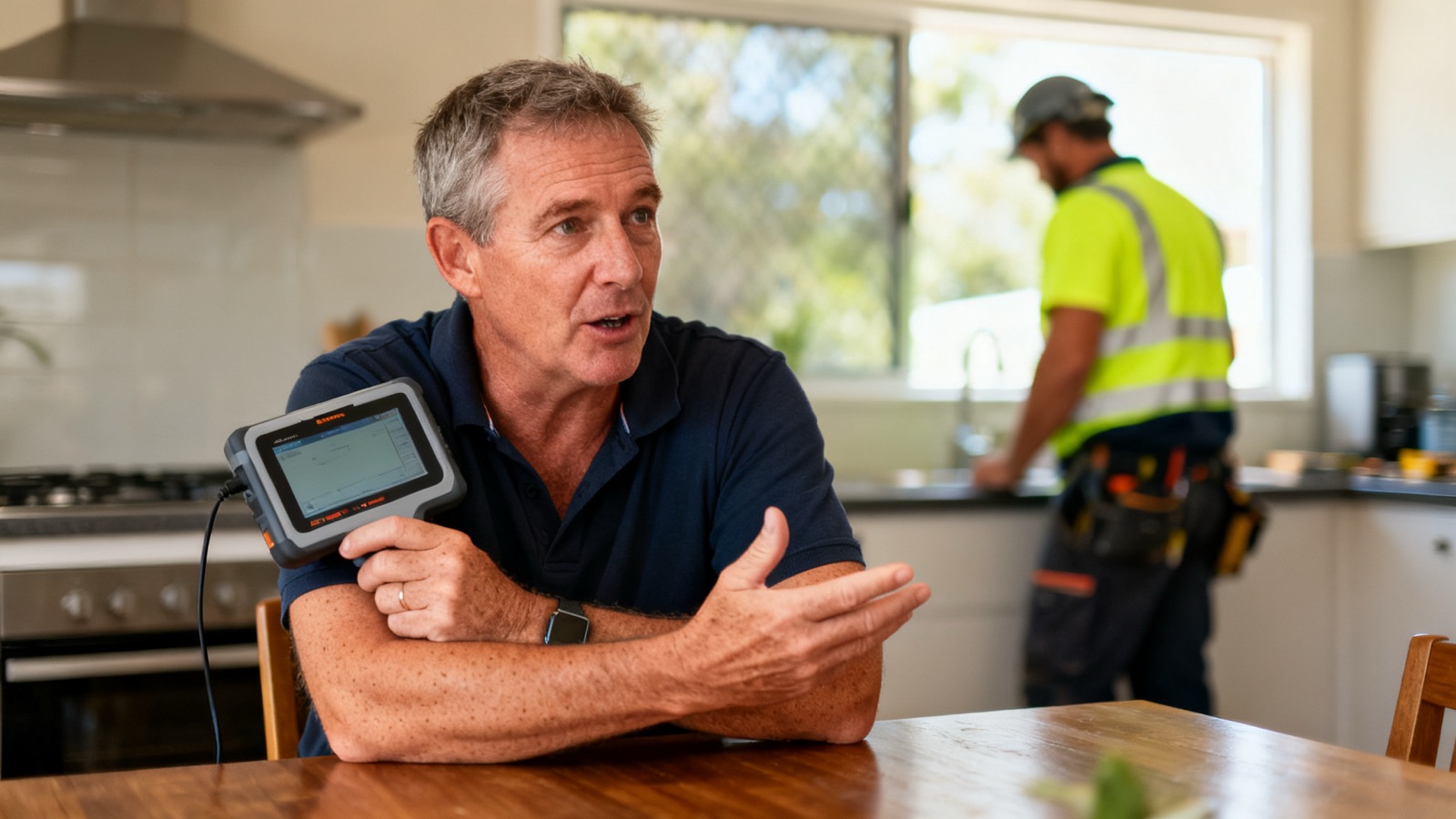 A homeowner using a phone at a kitchen table while a tradesperson works nearby