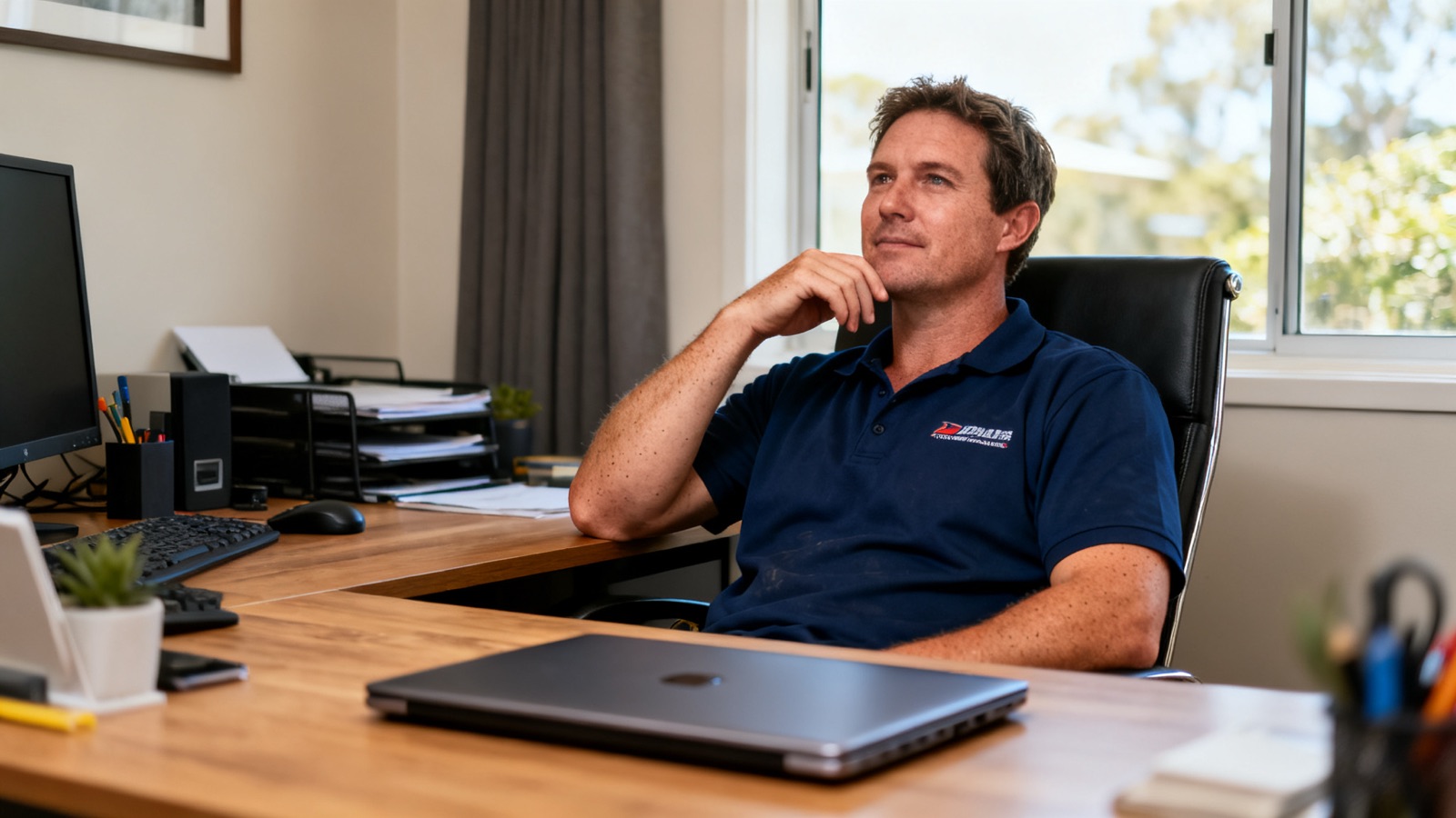 An Australian tradesperson sitting back thoughtfully at a home-office desk