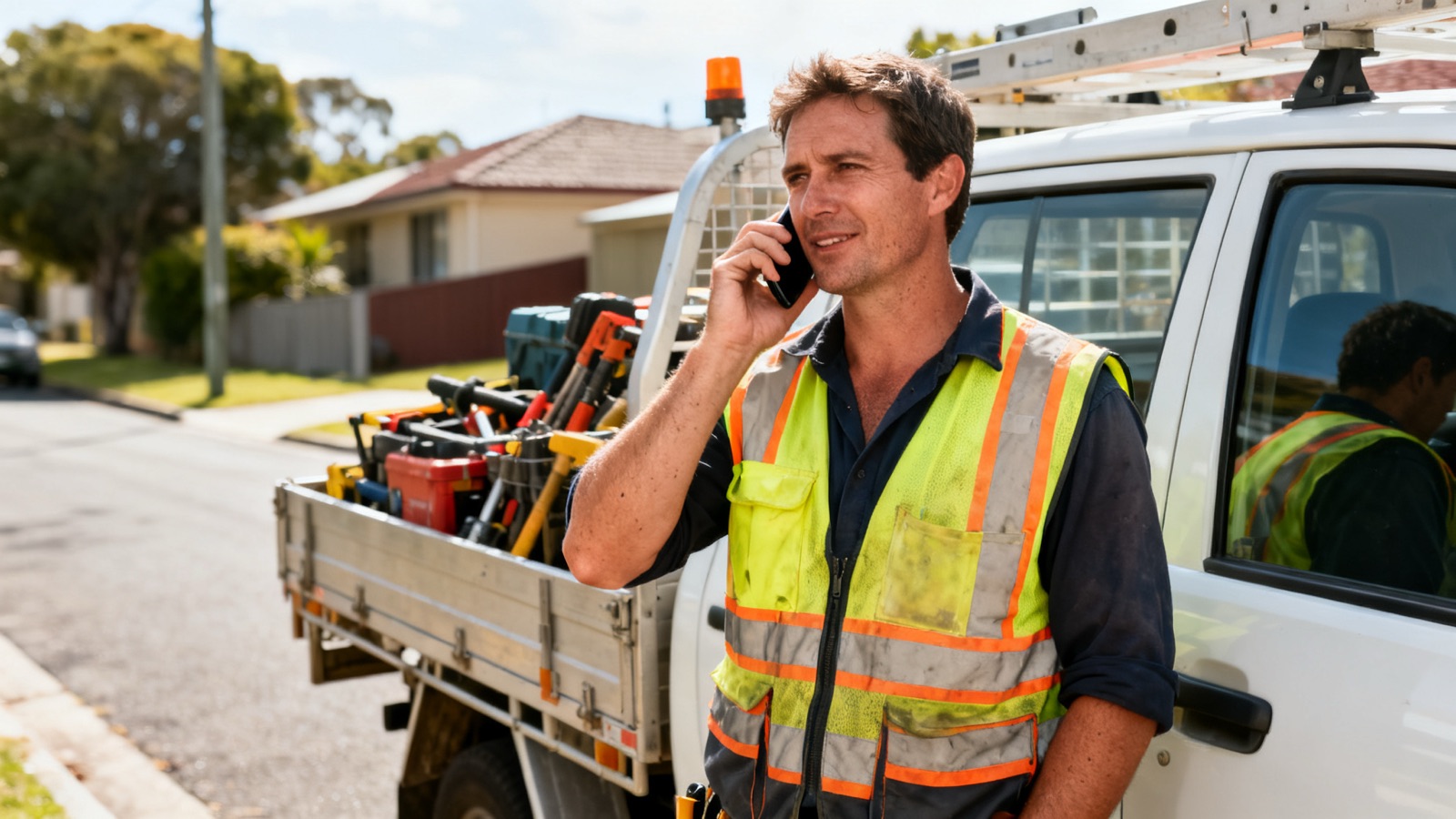 A tradesperson answering a phone call beside a work vehicle on a suburban street