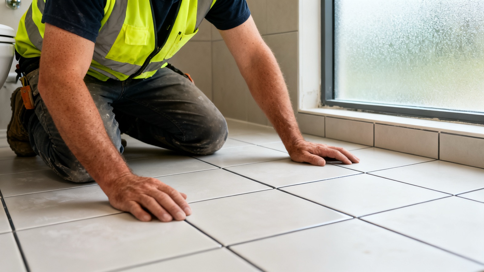 An Australian tradesperson beside a freshly tiled bathroom floor