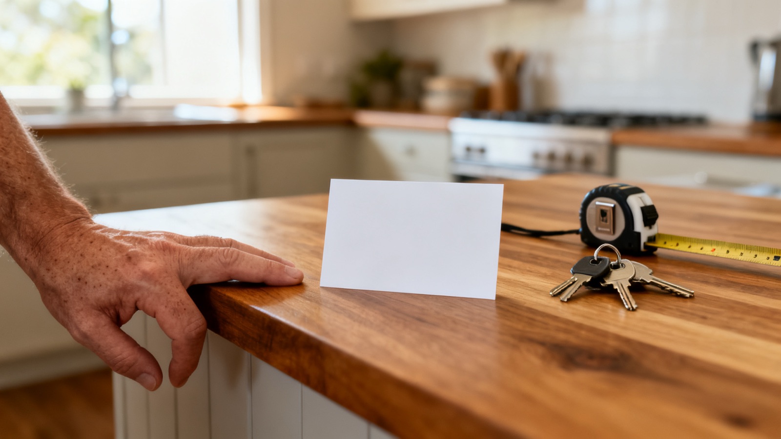 A plain card on a kitchen benchtop beside house keys