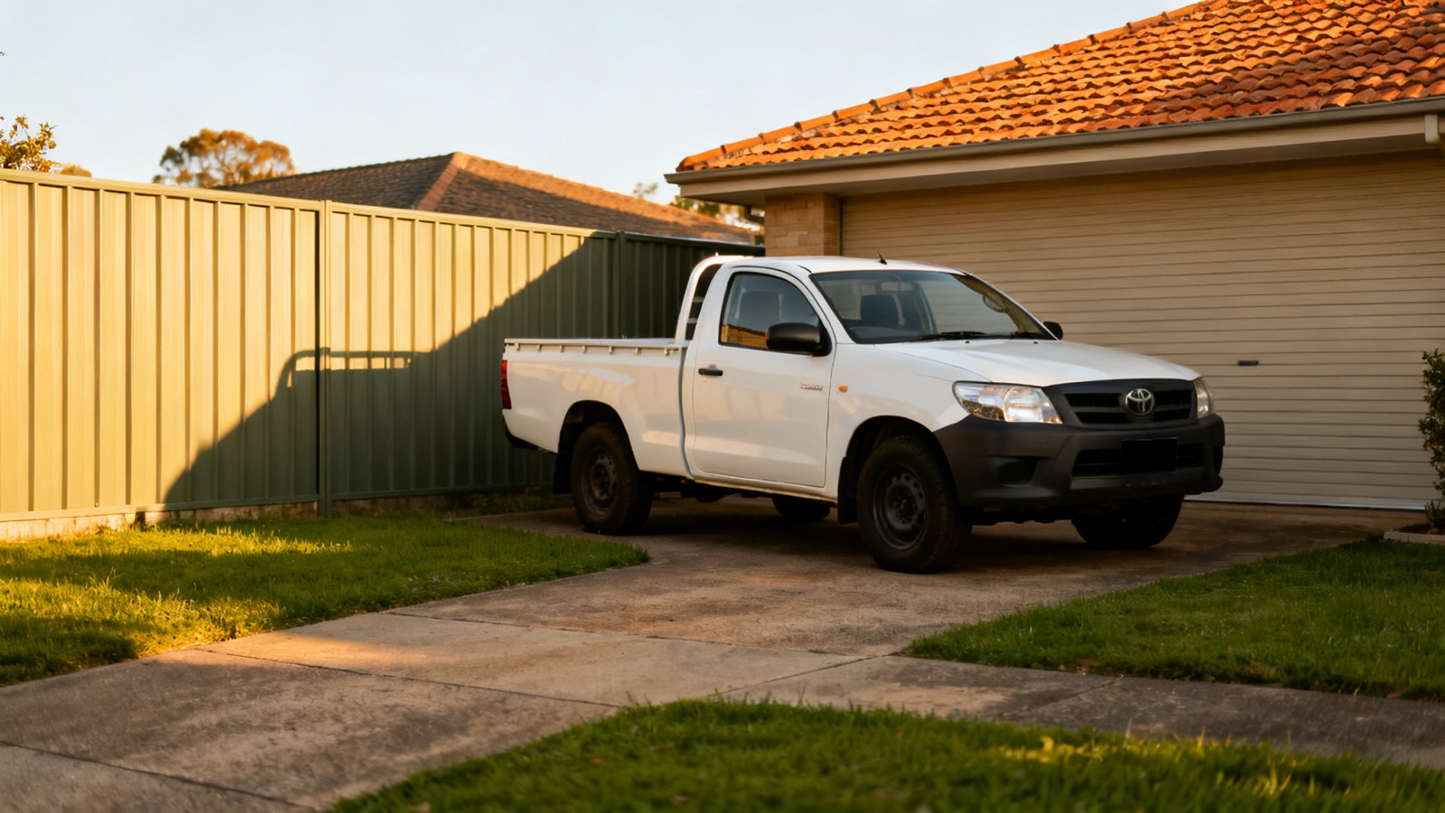 An unmarked white ute parked in an Australian suburban driveway