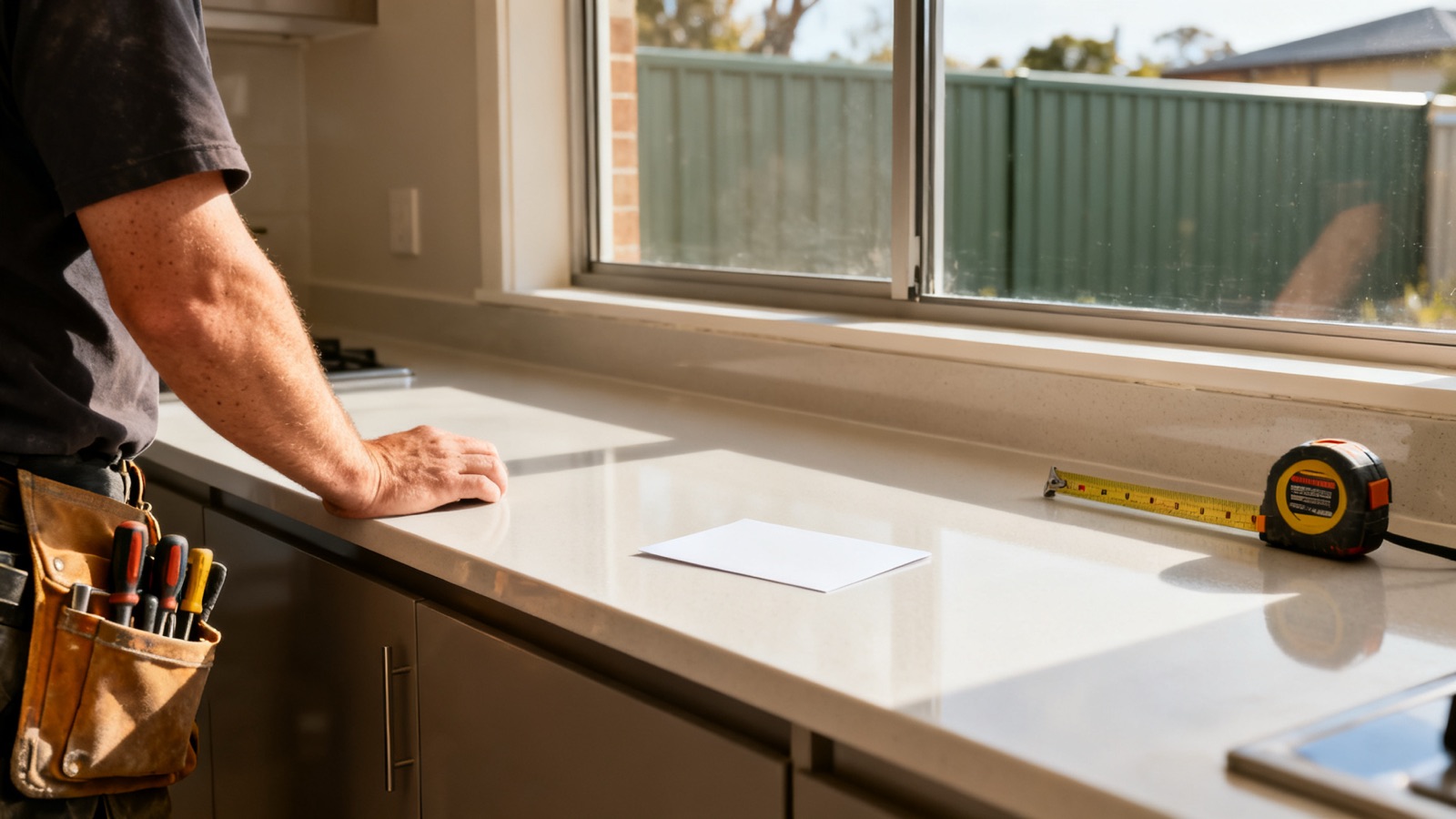 A tradesperson beside a freshly installed kitchen benchtop with a toolbelt, plain white card, and tape measure, Colorbond fence visible through the window