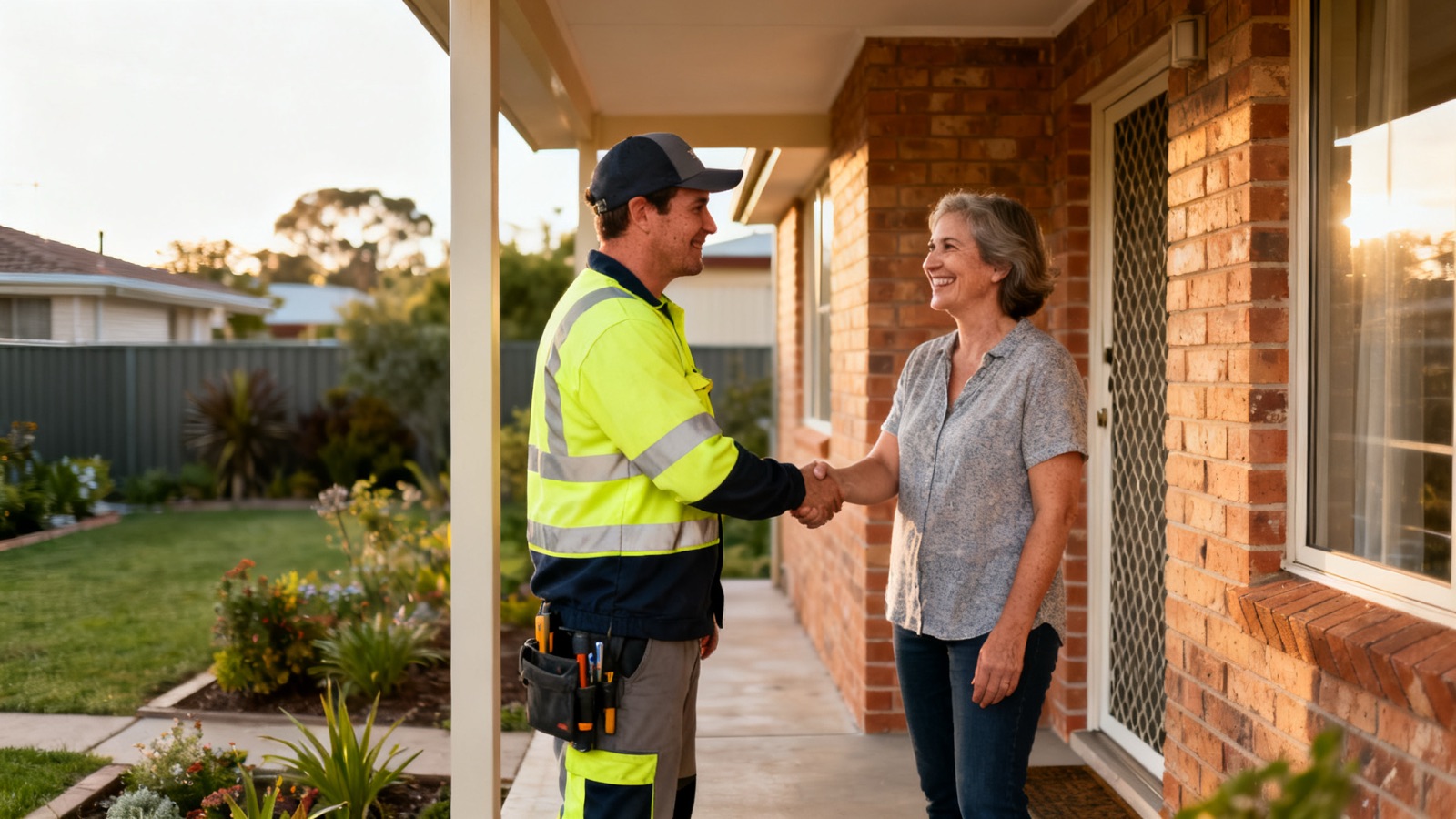 An Australian tradie shaking hands with a homeowner on the front porch after completing a job