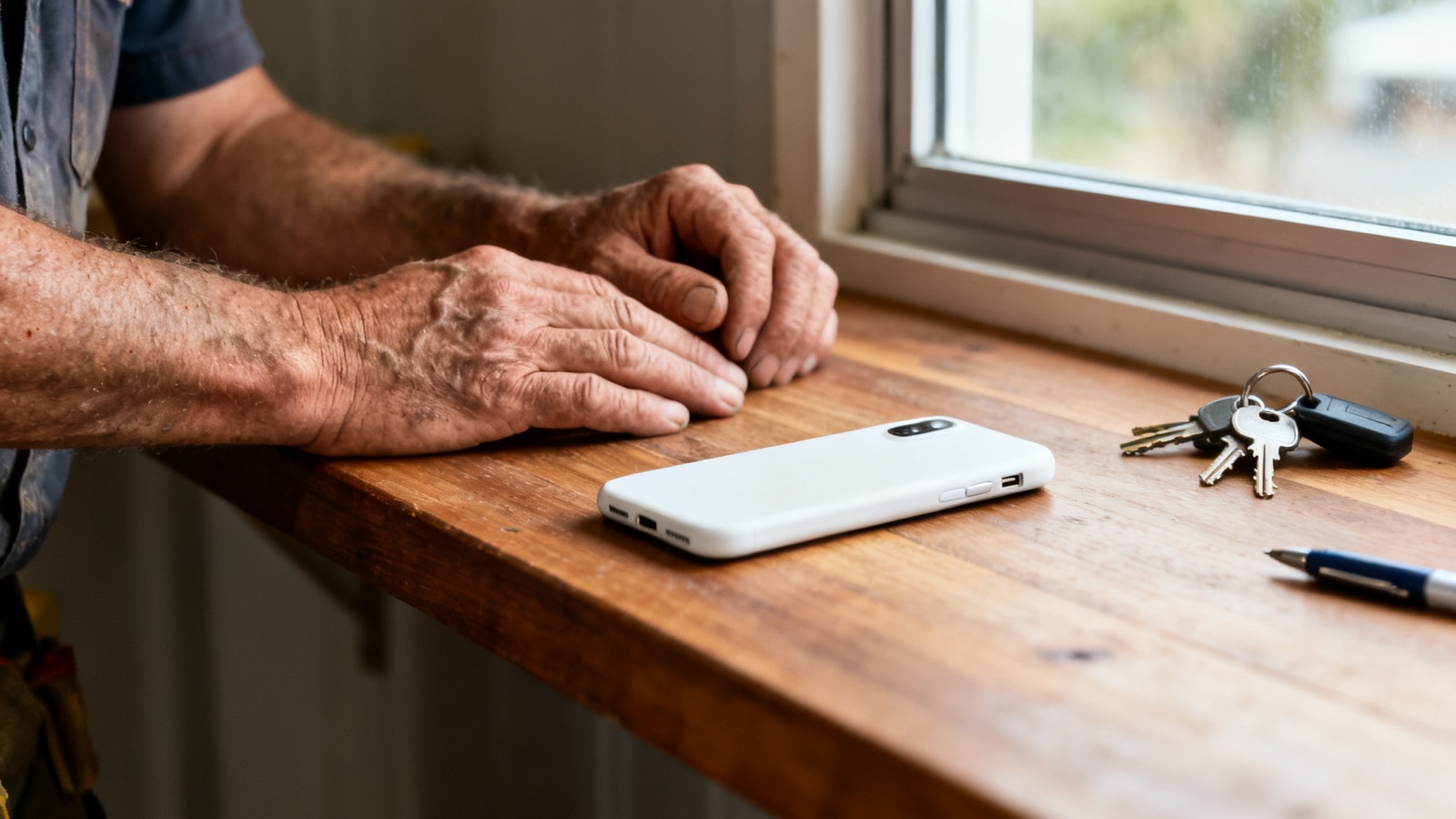 A tradesperson's hands on a benchtop beside a face-down smartphone and house keys