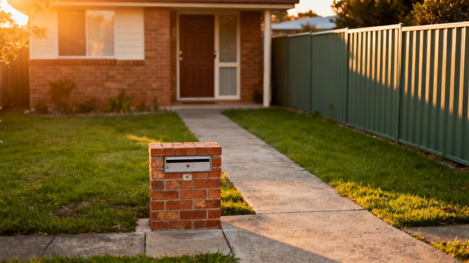An unmarked white ute parked outside a completed job in an Australian suburb at golden hour