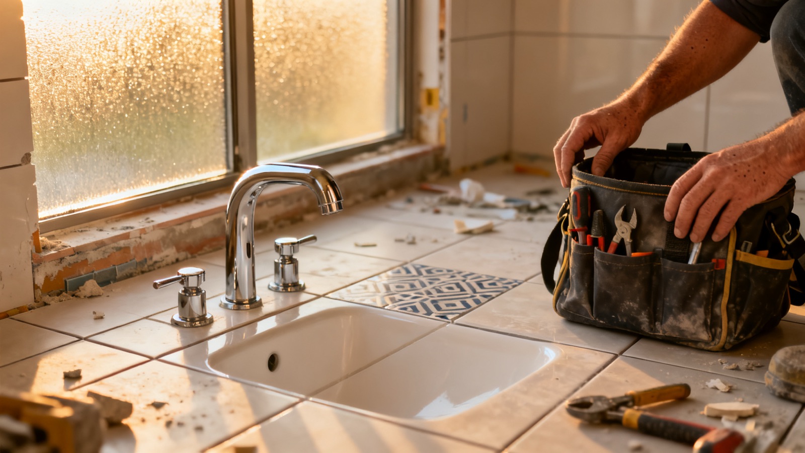 Freshly completed bathroom renovation with a tradie tool bag on new tiled floor, warm afternoon light