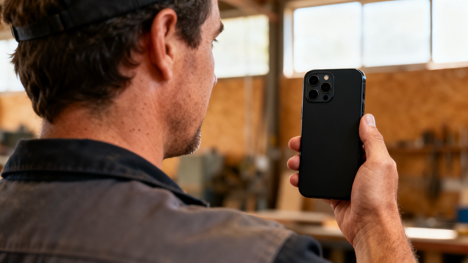A tradesperson holding a phone, seen from behind so the screen is not visible