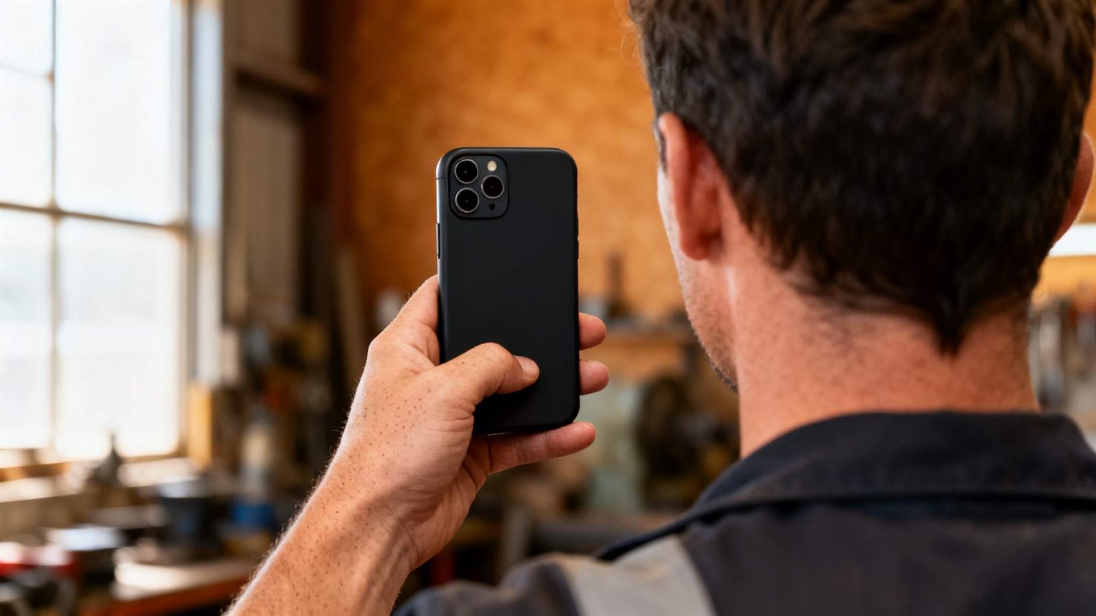 An Australian tradesperson holding a phone, seen from behind