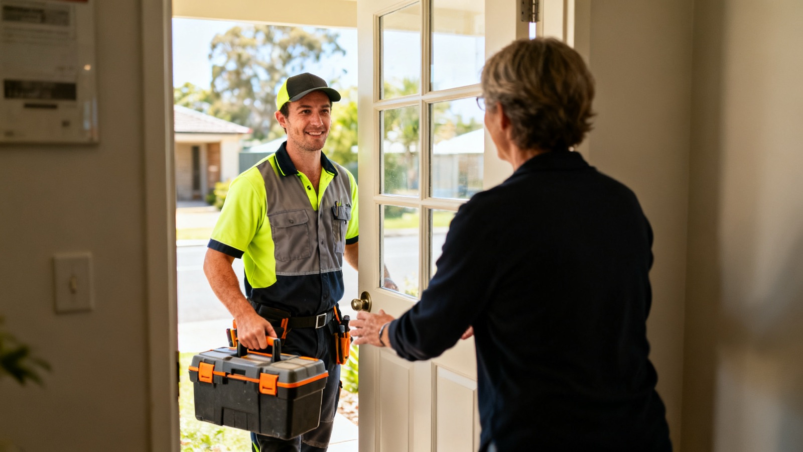 A tradesperson arriving at a customer's front door with tools, greeted by the homeowner