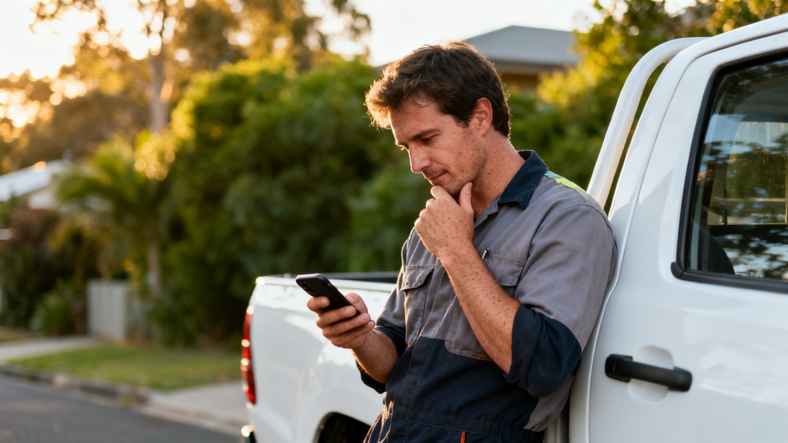 An Australian tradesperson reading their phone thoughtfully while leaning against a white ute in a suburban street