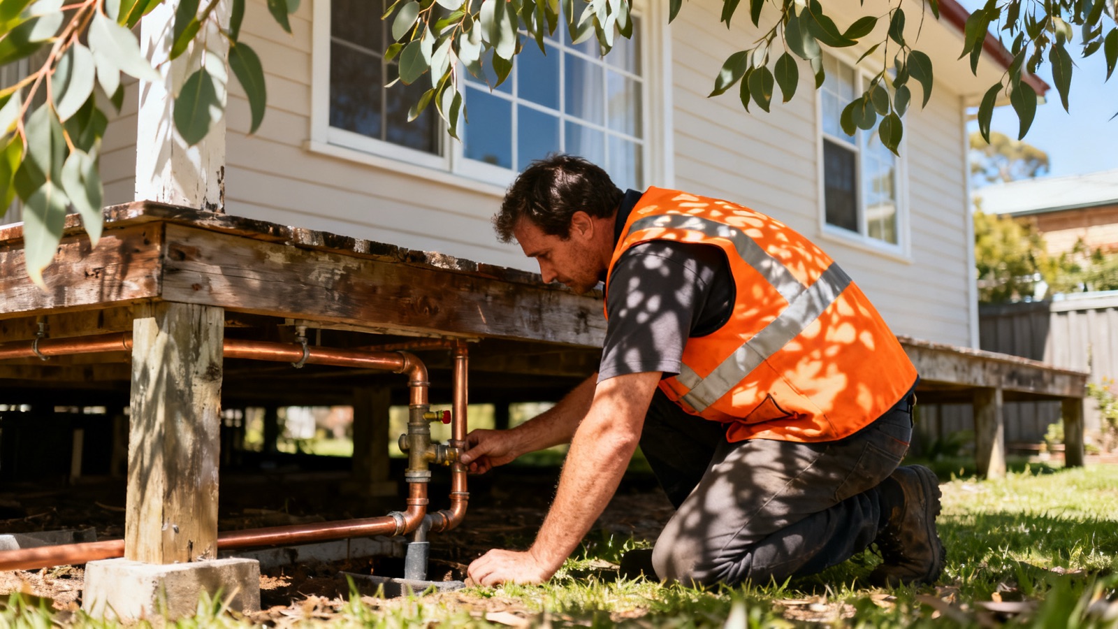 Tradie inspecting plumbing work beneath an Australian suburban house