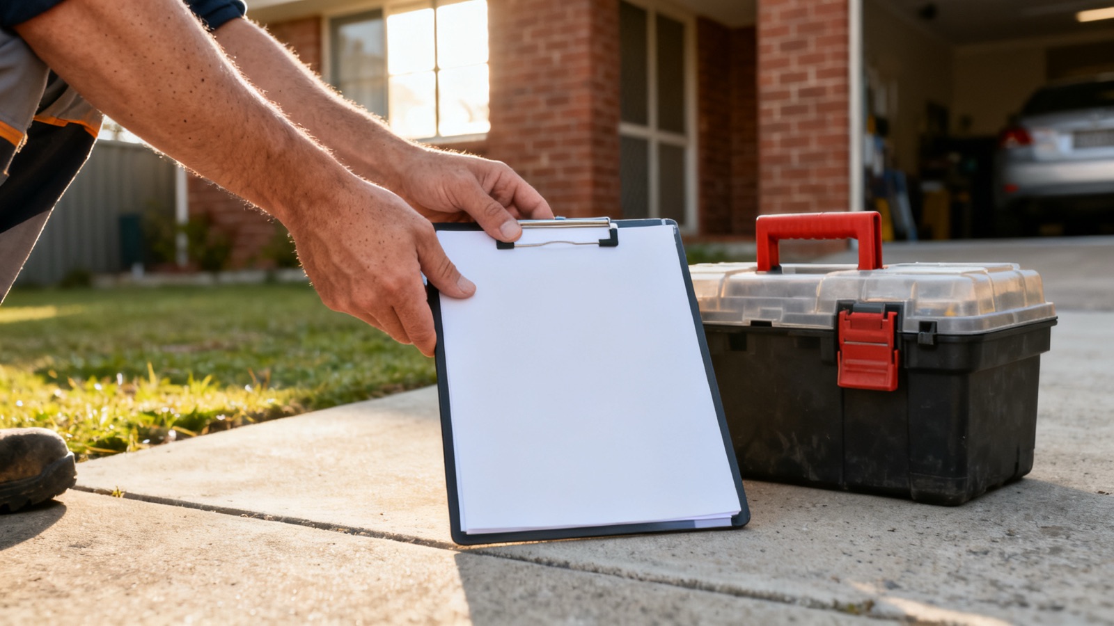Tradie reviewing job documentation on site