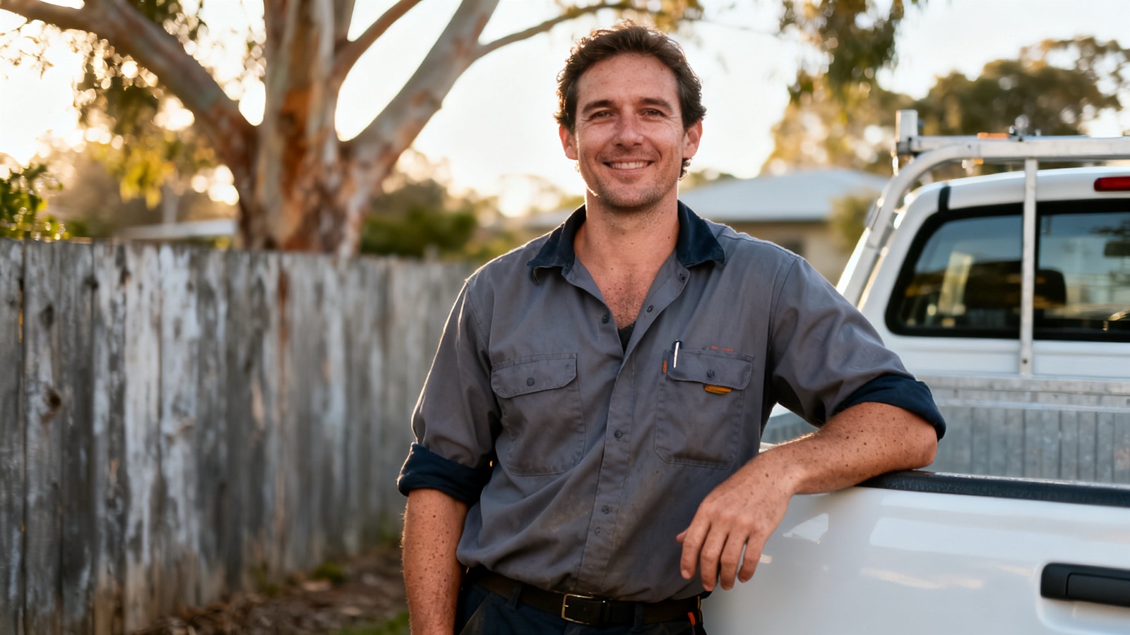 A smiling Australian tradesperson leaning against a white work ute in a suburban backyard at sunrise