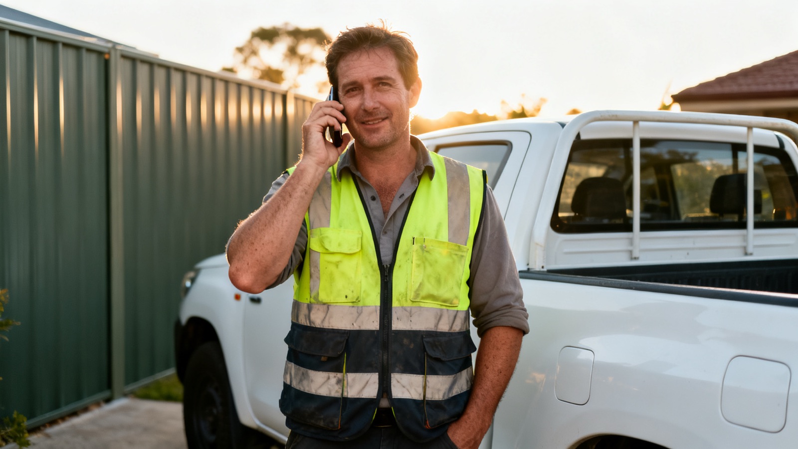 Tradesperson taking a call beside their work vehicle in an Australian suburb
