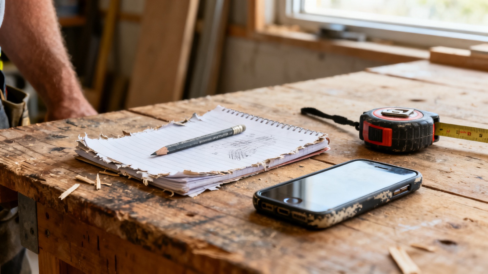 Workshop bench with phone, notepad and tape measure, ready for the next call