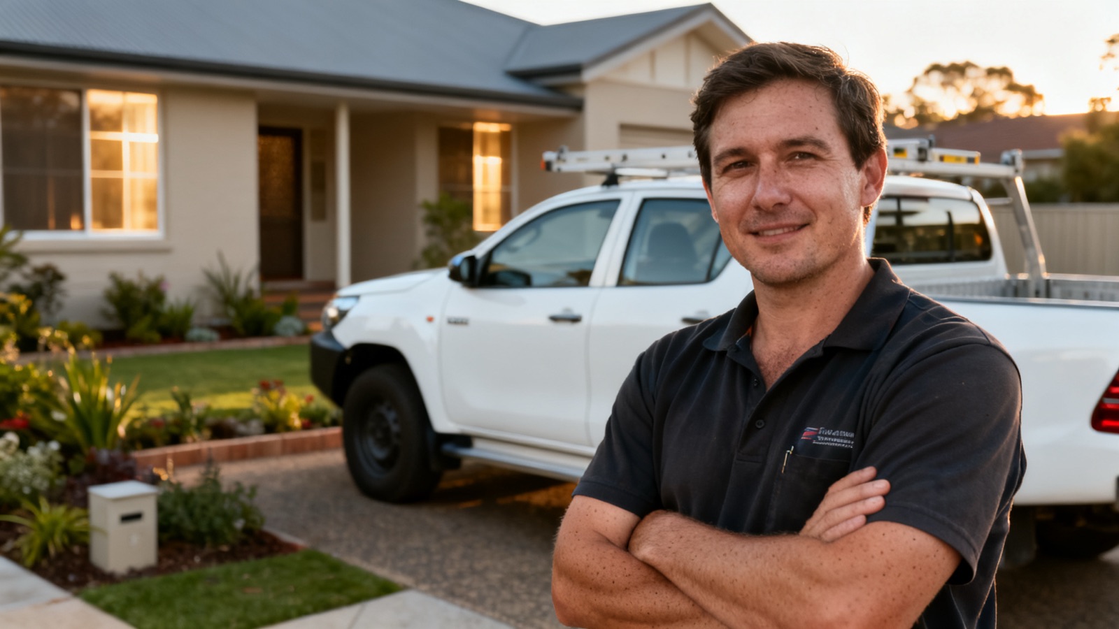 A clean white work ute parked outside a completed residential job