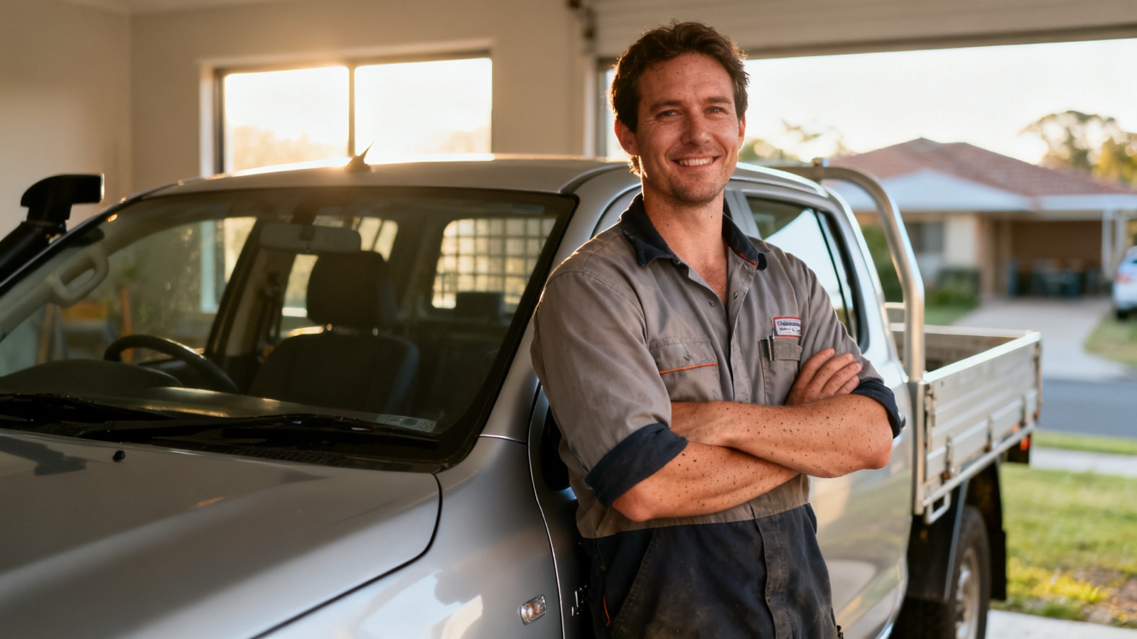 An Australian tradesperson farewelling a homeowner at the front door after completing a job