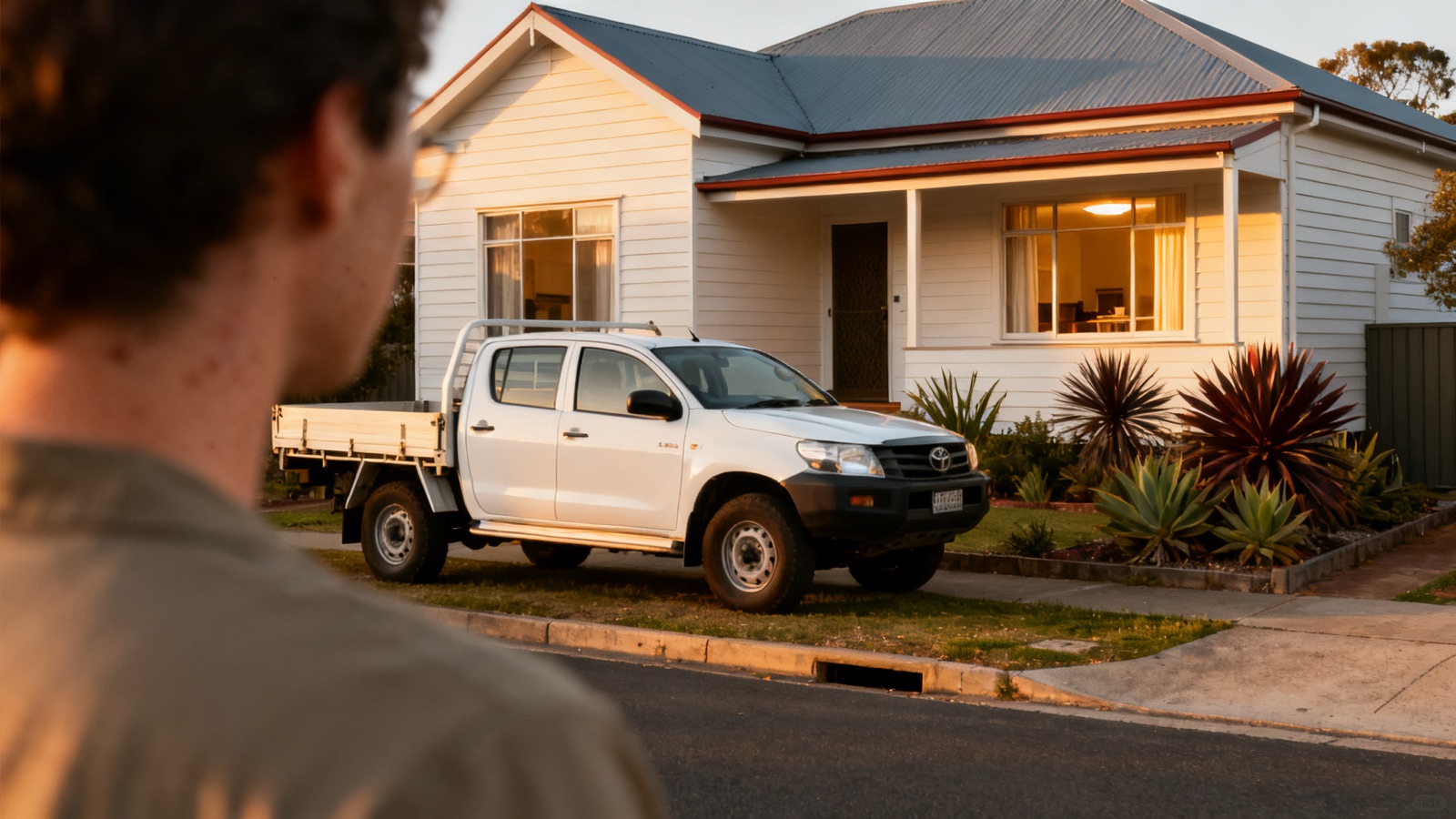Australian suburban street at golden hour with a plain white work ute parked outside a weatherboard house