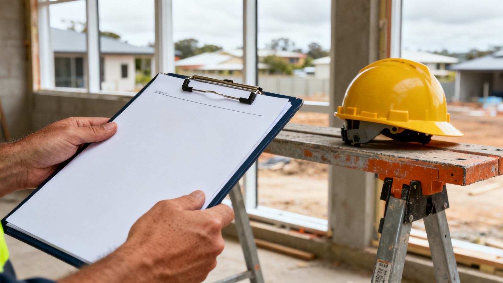 Two hands holding a clipboard with a blank form at an Australian building site