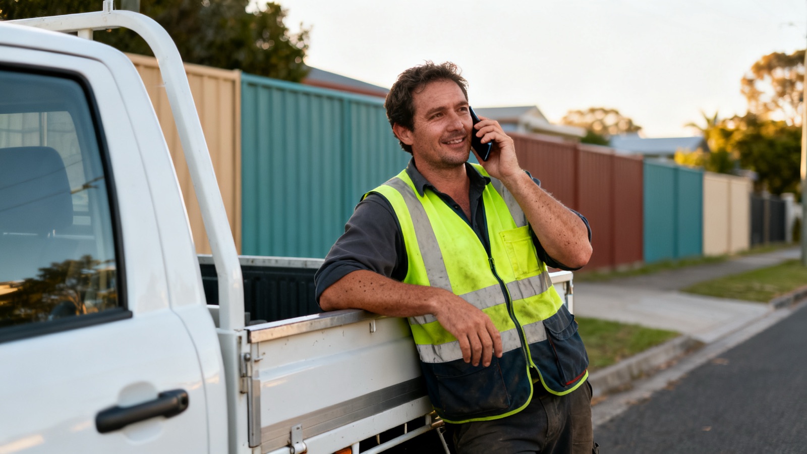 A tradesperson leaning on a work ute tailgate while making a phone call on a suburban street
