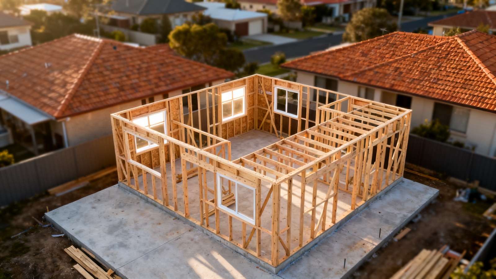 Aerial view of a timber frame under construction in an Australian suburb