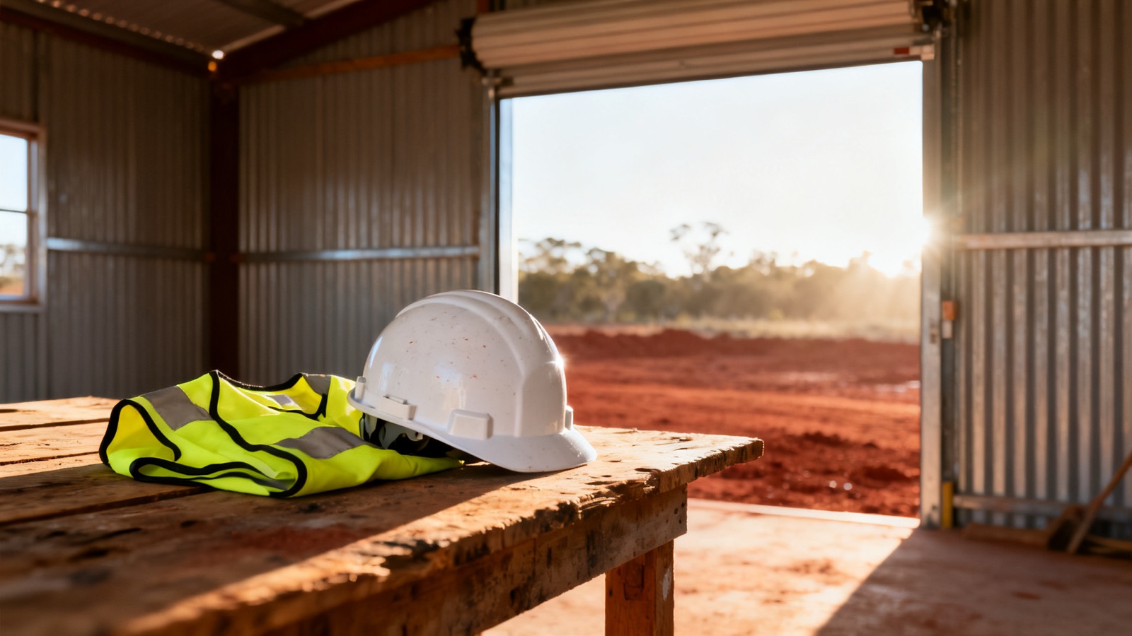 Hard hat and high-vis vest on a workbench inside an Australian construction site shed