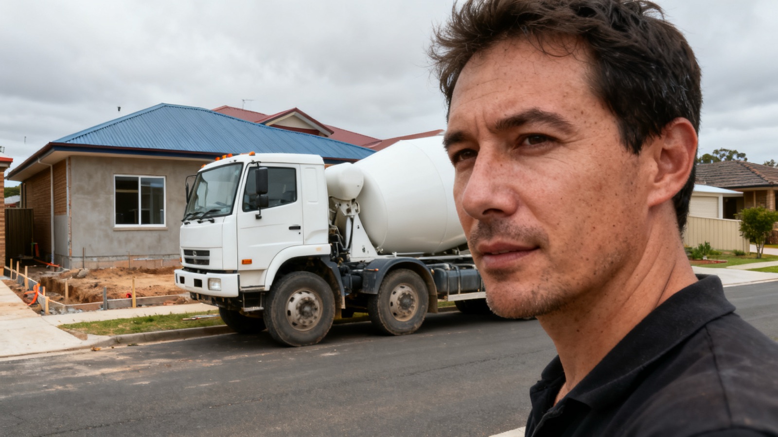 Concrete agitator truck waiting at an Australian residential building site on an overcast day