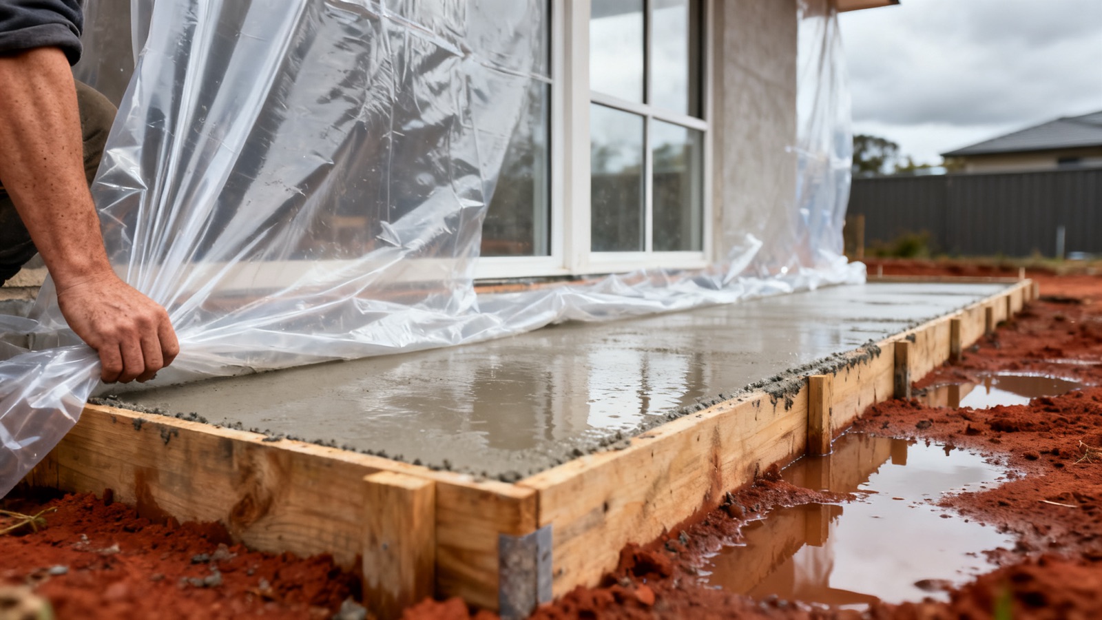 Plastic sheeting protecting a freshly poured concrete slab from rain on an Australian building site