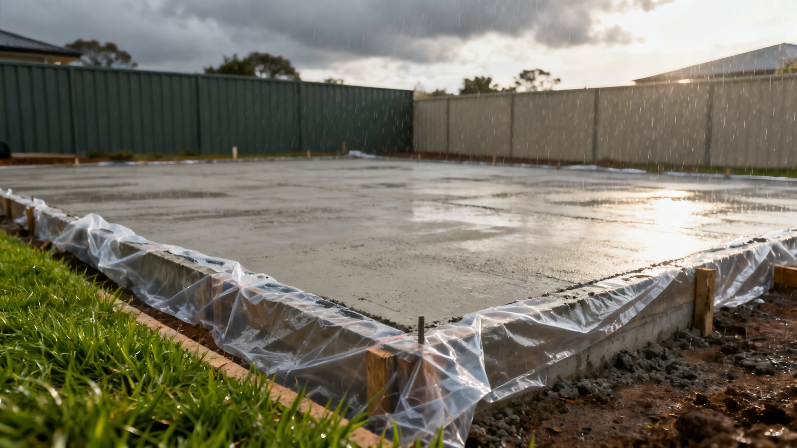 Freshly formed concrete slab with protective plastic sheeting on an Australian building site in the rain
