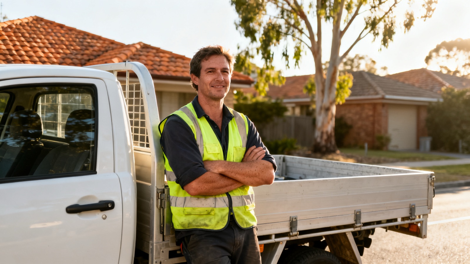 A tradesperson reviewing their upcoming schedule beside a work vehicle in a suburban Australian street