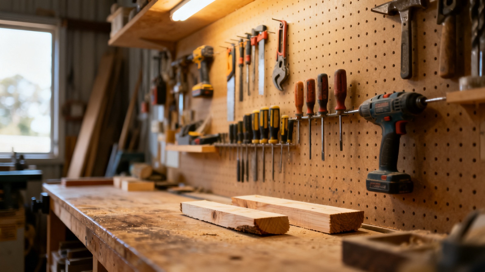 A well-organised workshop bench with trade tools hung on a pegboard