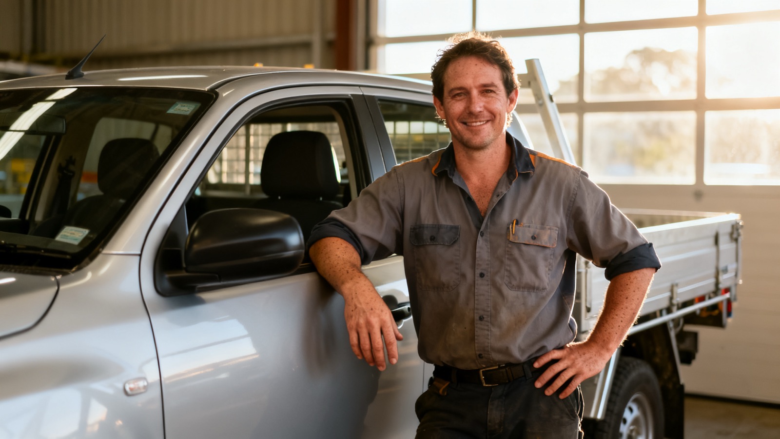 An Australian tradesperson reviewing a calendar at a tidy workshop bench with tools hung on a pegboard wall