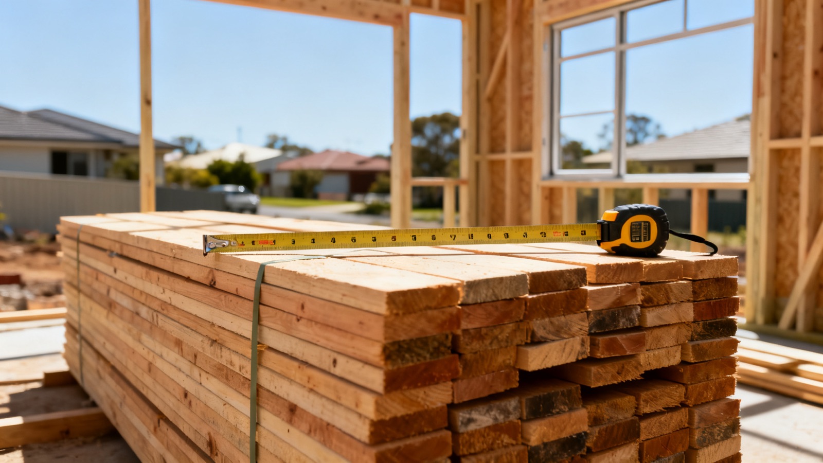 Timber framing materials on an Australian building site