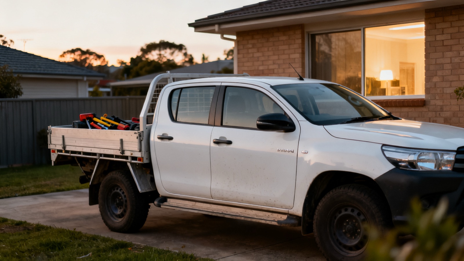 A plain white trade ute in an Australian suburban driveway at dawn